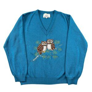 VTG 70s Cyn Les Owls Sweater Womens 46 Whos Whoooo VNeck